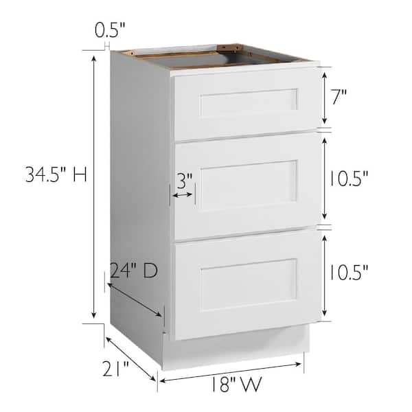 Design House Brookings Solid Wood Assembled Shaker 18 in. x 34.5 in. x 24 in. 3 Drawer Base Kitchen Cabinet 3DB18 in White