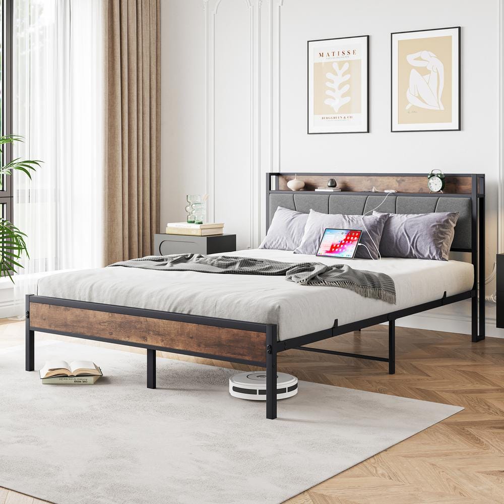 Queen Black Metal Frame Platform Bed with Upholstered Storage Headboard