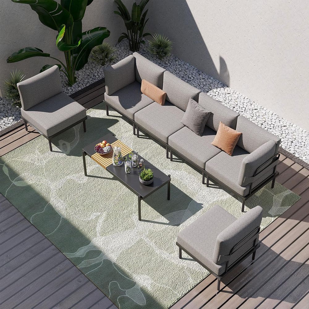 7-Piece Metal Outdoor Patio Conversation Set with Coffee Table, Grey Cushions and Grey Frame