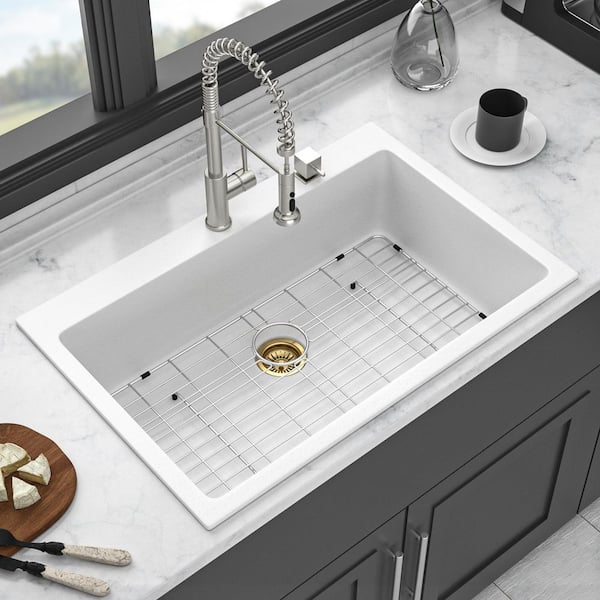 Qidian 33 in. Drop-in Single Bowl White Quartz Kitchen Sink