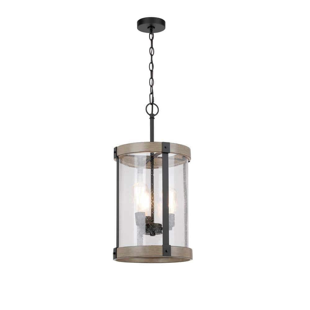 Hampton Bay Collier 3-Light Black and Gray Wood Outdoor Hanging Pendant Light with Clear Seeded Glass -  KZH8903AX-01/GW