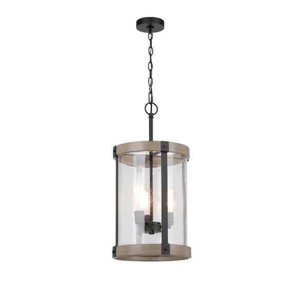 Hampton Bay Collier 3-Light Black and Gray Wood Outdoor Hanging Pendant Light with Clear Seeded Glass