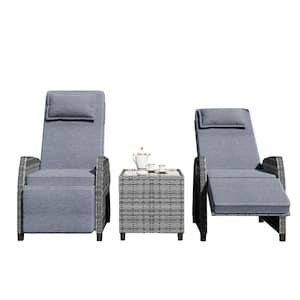 3-Piece Wicker Patio Conversation Set Adjustable Chair Combination with Coffee Table and Gray Cushions