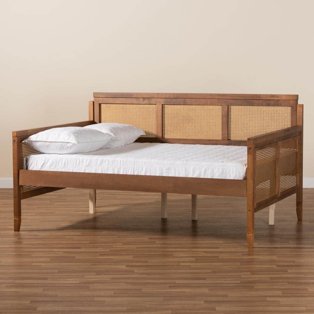 Full Size Walnut Wood Tufted Upholstered Daybed with Slats