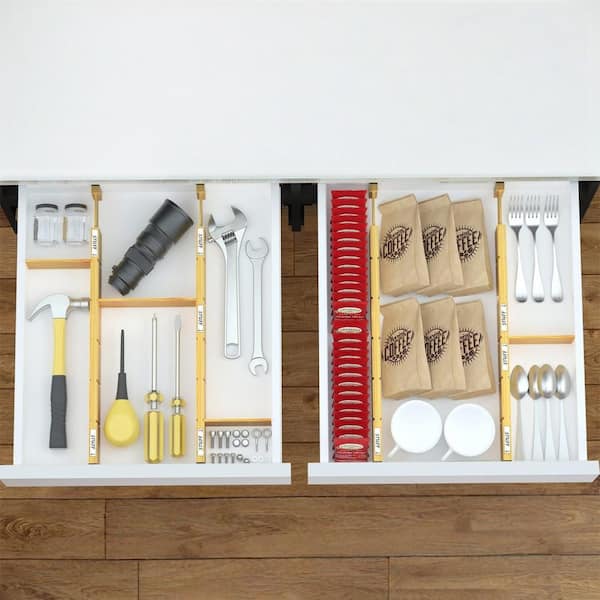 4-Piece 17 in. to 22 in. Adjustable Bamboo Drawer Dividers with 9 Inserts and Labels for Home, Office, Dressers, Natural