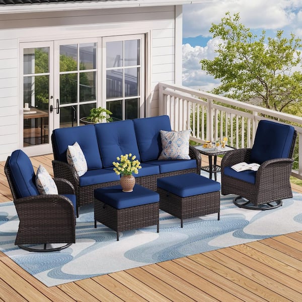 6-Piece Deep Brown Wicker Outdoor Patio Conversation Set Deep Seating Set with Blue Cushions