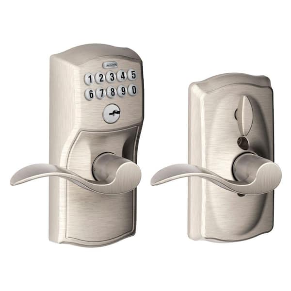 Schlage Camelot Satin Nickel Electronic Keypad Door Lock with Accent Door  Lever Featuring Flex Lock FE595 CAM 619 ACC - The Home Depot