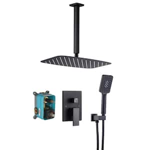 Mondawell Square 3-Spray Patterns 12 in. x 8 in. Ceiling Mount Rain Dual Shower Heads w/ Handheld & Valve in Matte Black