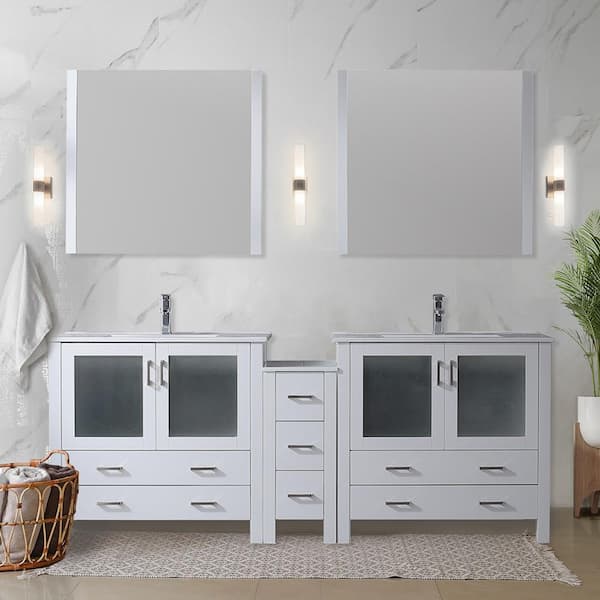 Lexora Volez 84 in. W x 18 in. D Single Bath Vanity in White with White Ceramic Top and Mirror