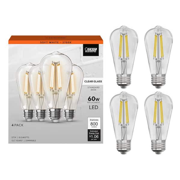 60-Watt Equivalent ST19 Dimmable Straight Filament Clear Glass E26 Vintage Edison LED Light Bulb, Soft White (4-Pack)