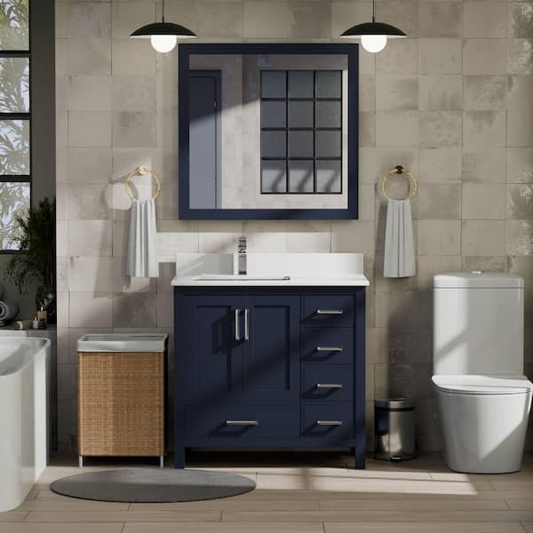 Jacques 36 in. W x 22 in. D Left Offset Navy Blue Bath Vanity and White Quartz Top