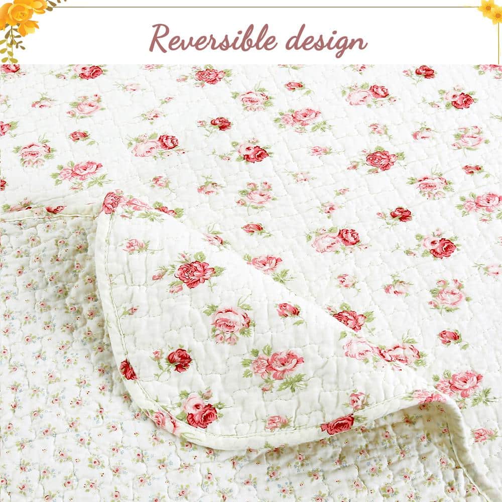 Pink Floral Cotton Queen Reversible Quilt Set with Scalloped Edges