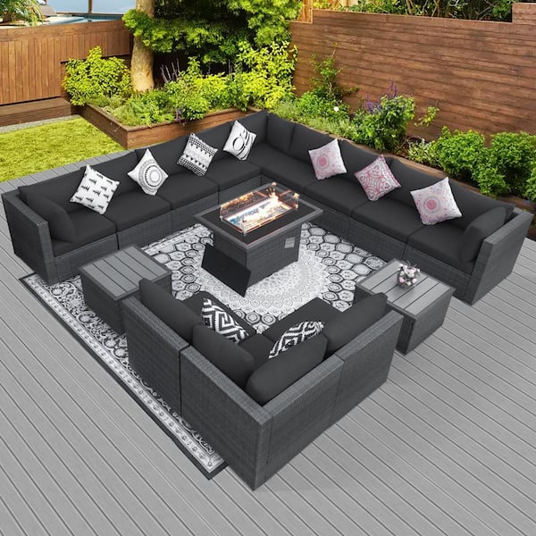 FINCATI 15-Piece Large Size Gray Wicker Patio Conversation Sofa Set with Dark Gray Cushions Fire Pit Table and Coffee Tables