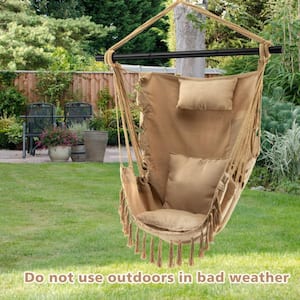 39 in. W 1-Person Beige Metal Porch Swing Hanging Rope Swing Chair with Soft Pillow and Black Cushions