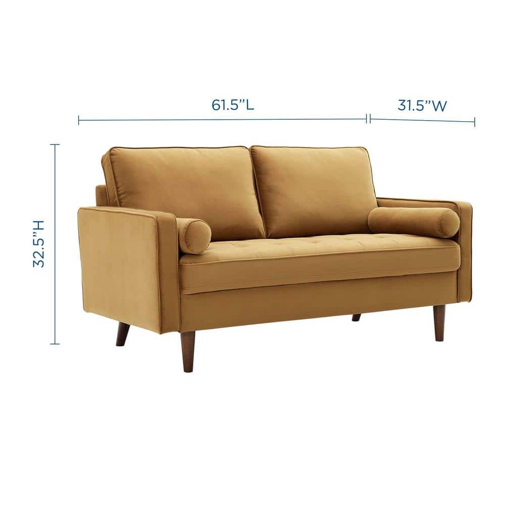 Cognac Faux Leather Tufted Loveseat with Removable Cushions and Wood Legs