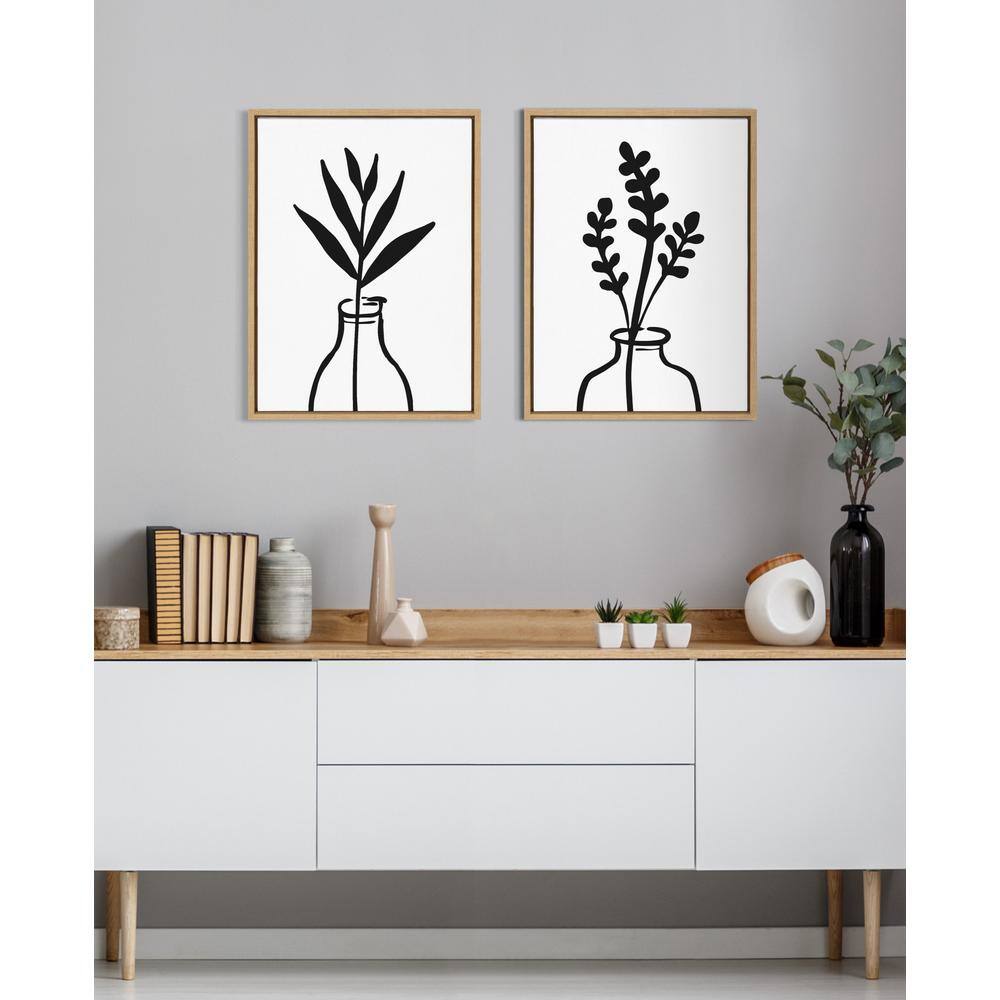 Modern Botanical Black and White Canvas Print Set with Natural Frames