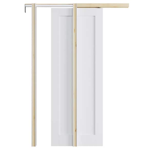30 in. x 96 in. Paneled White Primed MDF Pocket Sliding Door with Pocket Door Frame and Hardware Kit