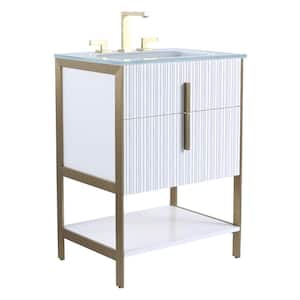 24 in. W x 18 in. D x 33.5 in. H Bath Vanity in White Matte with Glass Single Sink Top in White with Brass Hardware