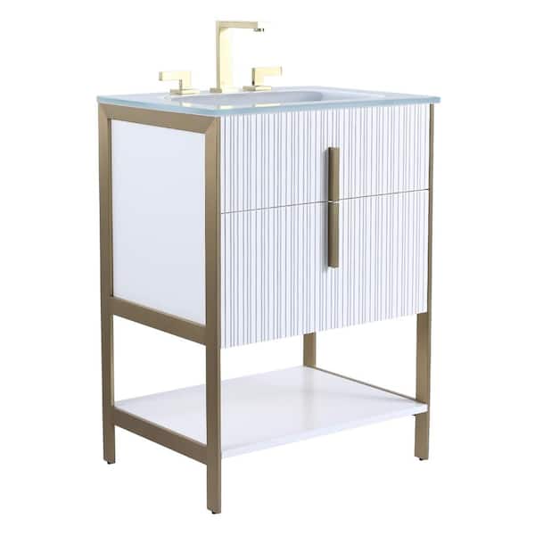 FINE FIXTURES 24 in. W x 18 in. D x 33.5 in. H Bath Vanity in White Matte with Glass Single Sink Top in White with Brass Hardware