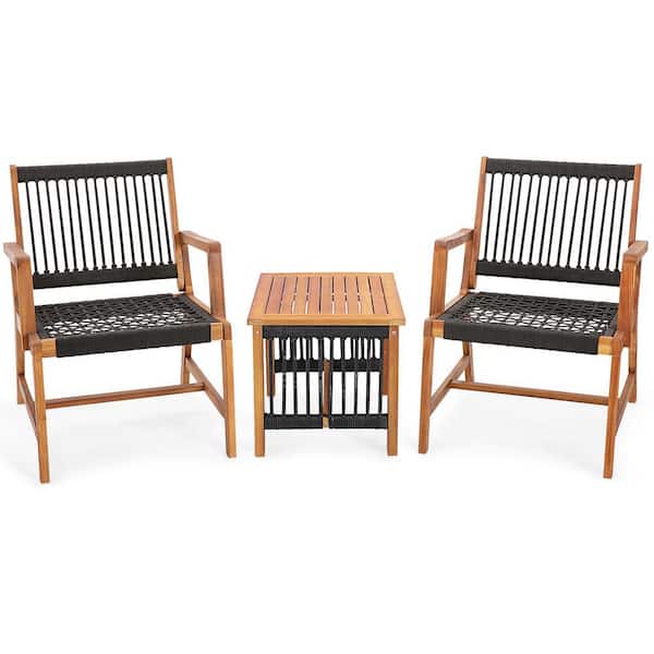 Costway 3-Piece Acacia Wood Patio Conversation Set Outdoor Furniture Bistro Set All-Weather Rope Woven