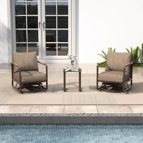 3 Piece Round Tubular Frame Patio Outdoor Aluminum Swivel Rocking Chair with Coffee Table, Brown