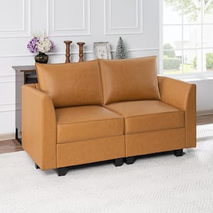 61.22 in. Faux Leather Modern 1-Piece Loveseat for Sectional Sofa, Easy Assembly Living Room set in Caramel