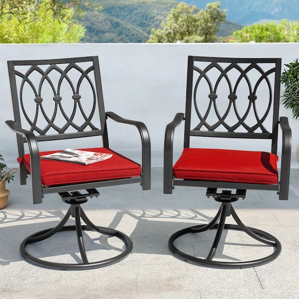 Black Iron Patio Dining Chairs with Swivel Design and Red Cushions (2-Pack)