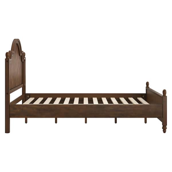 Aubel Dark Walnut Brown Mid-Century Solid Wood Frame Queen Size Platform Bed with Herringbone-Inspired Pattern Headboard