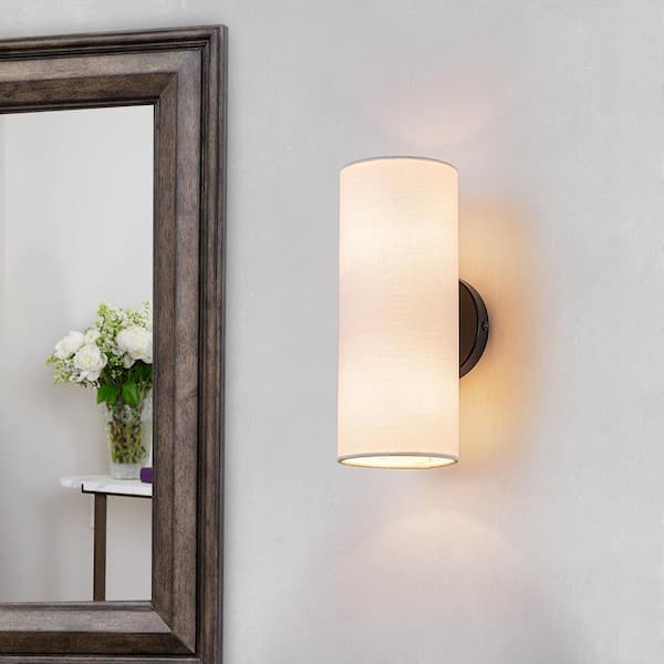Alexa 11.8 in. 2-Light Farmhouse Black Cylinder Wall Sconce with Fabric Shade