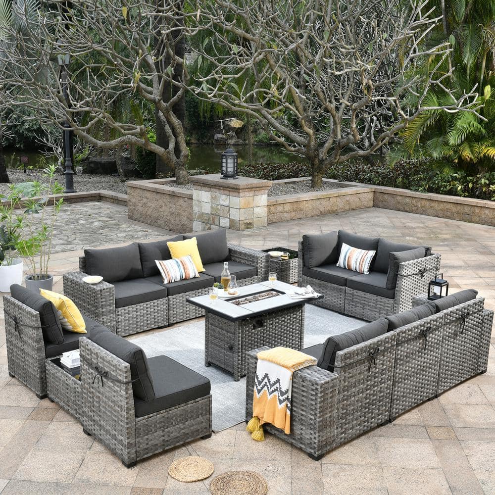 OVIOS Marvel Gray 13-Piece Wicker Wide Arm Patio Fire Pit Conversation ...