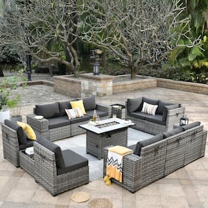 Marvel Gray 13-Piece Wicker Wide Arm Patio Fire Pit Conversation Set with Black Cushions