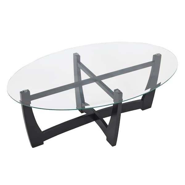 Sudzendf 48 in. Black Oval Glass Coffee Table with Glass Top