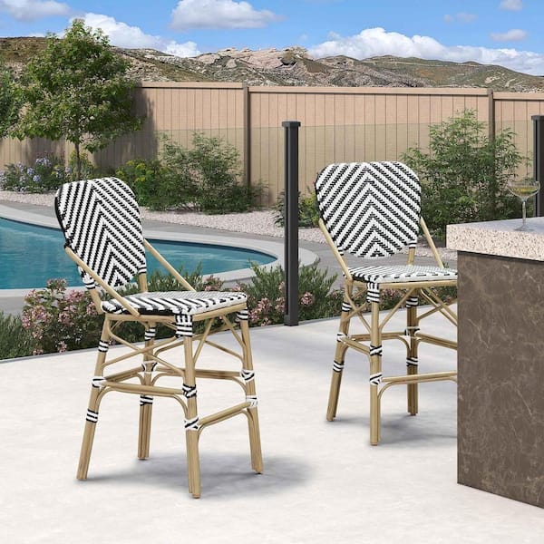 PURPLE LEAF Modern Aluminum PE Rattan Counter Height Outdoor Bar Stool with Back for Pool Garden Kitchen Island (2-Pack)
