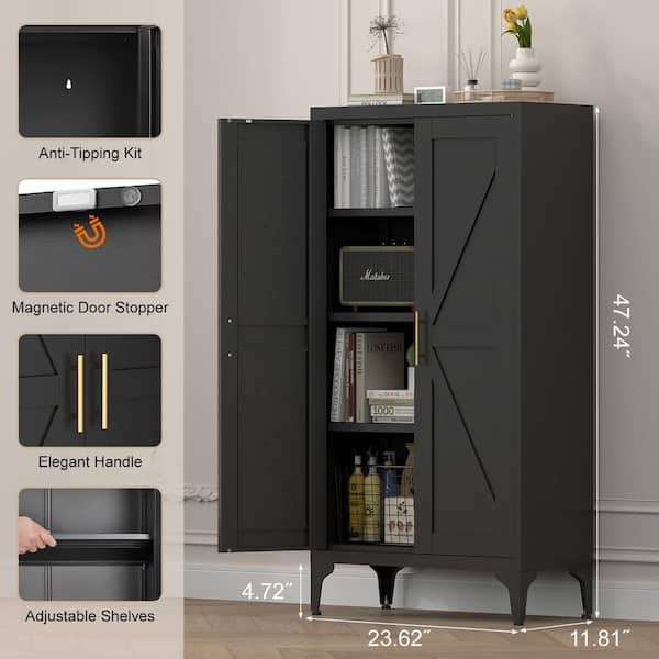 Black Metal 23.62 in. W x 47.24 in. H Pantry Cabinet / Storage Cabinet with 2 Doors and Adjustable Shelves