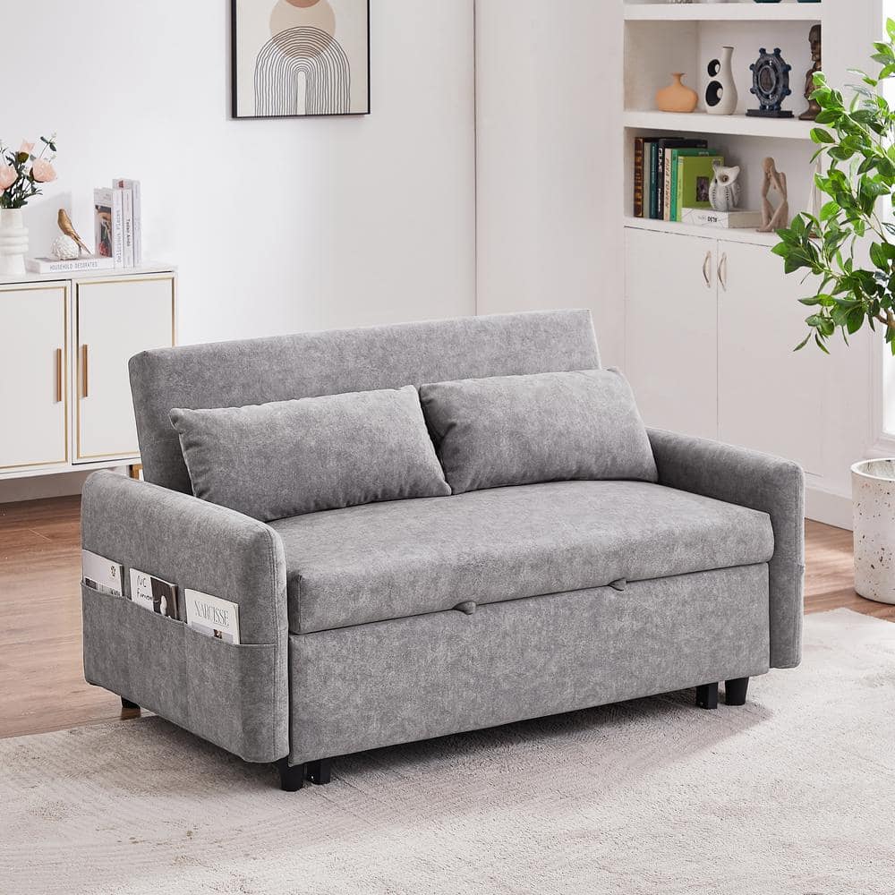 Nestfair 55.1 in. Gray 2-Seater Convertible Pull Out Sofa Bed with ...