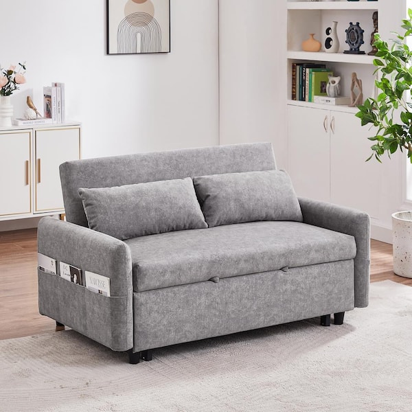 Nestfair 55.1 in. Gray 2-Seater Convertible Pull Out Sofa Bed with Storage Pockets, 2 Pillows and USB Ports