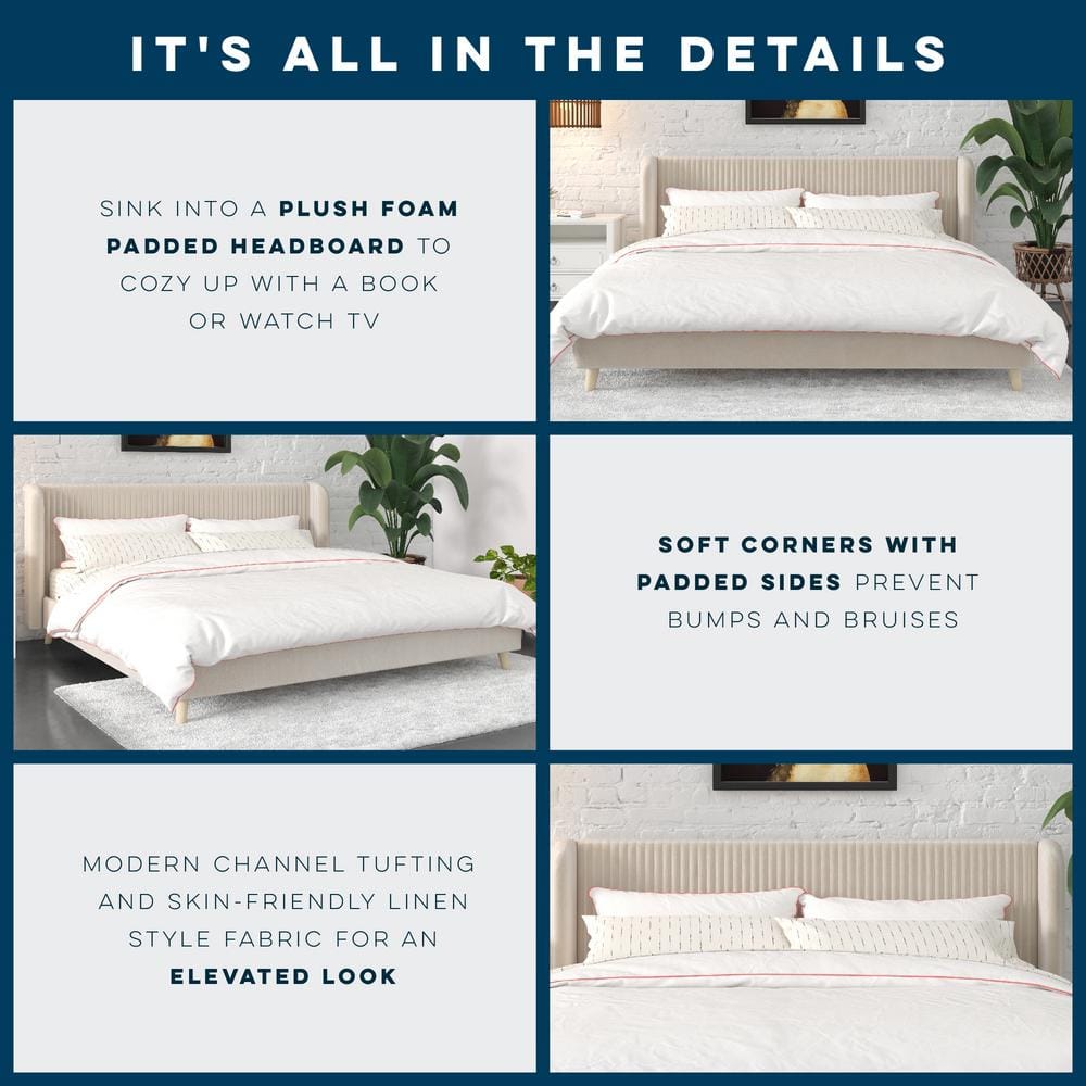Holly King-Size Ivory Velvet Tufted Wingback Platform Bed