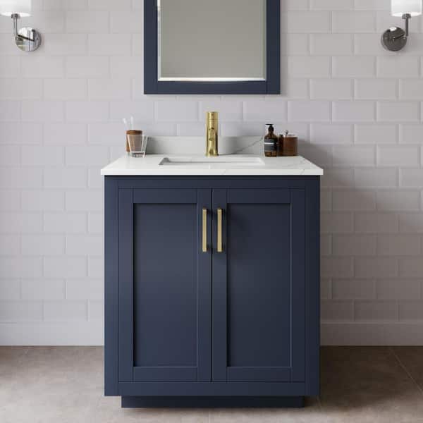 Wyndham Collection Miranda 30 in. W x 22 in. D x 33.75 in. H Single Bath Vanity in Dark Blue with Giotto Quartz Top and 24 in. Mirror