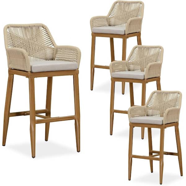Modern Aluminum Rattan Bar Height Outdoor Bar Stool with Back and Beige Cushion (4-Pack)