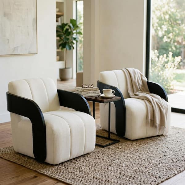White/Black 31.25 in. Fabric Swivel Rocker Side Chair with Curved Wood Arms