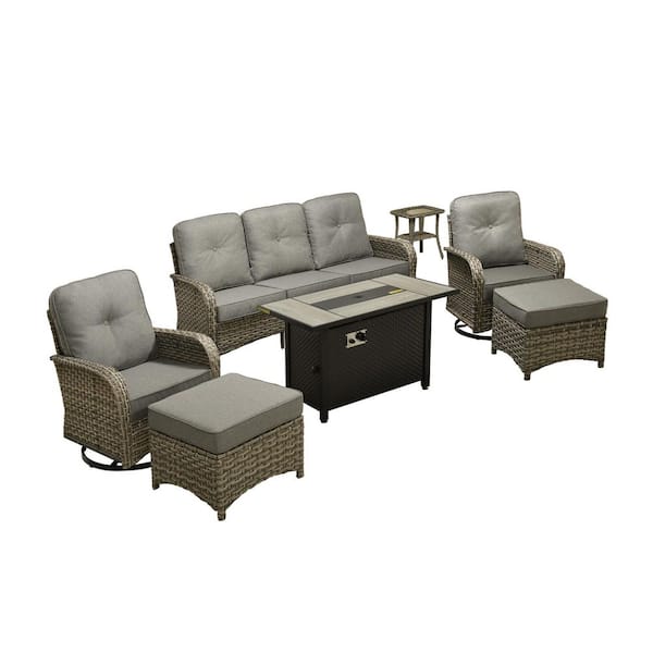 Beverly 7-Piece Wicker Patio Conversation Sofa Swivel Chairs Set with Metal Fire Pit and Dark Gray Cushions