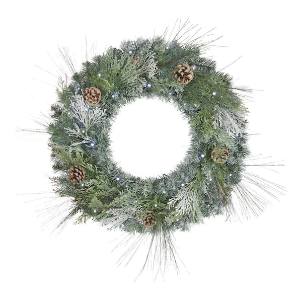 Home Accents Holiday 30 in. Battery Operated Pre-Lit Mixed Pine Artificial Christmas Wreath with Pine Cones and Cedar Accents