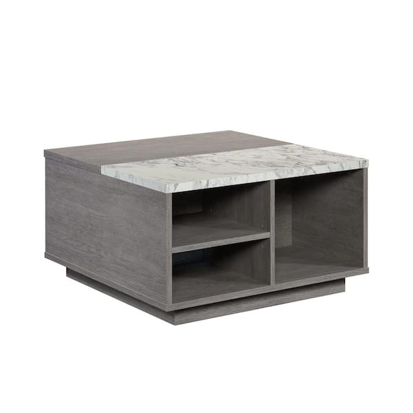 SAUDER East Rock 31.181 in. Ashen Oak Square Composite Coffee Table with Lift-Top and Open Shelving