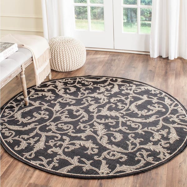 Courtyard Black/Sand 8 ft. x 8 ft. Round Border Indoor/Outdoor Patio  Area Rug