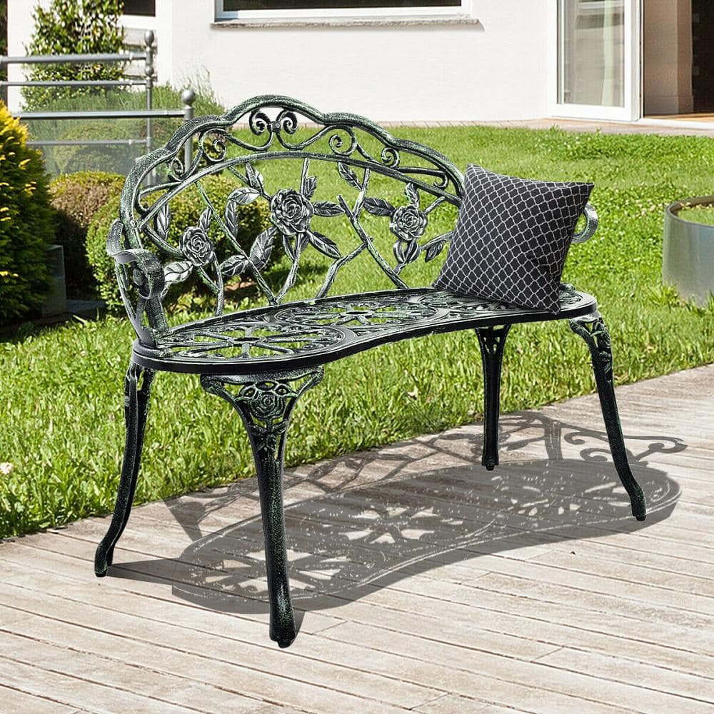 Elegant Antique Green Cast Aluminum Rose Garden Bench