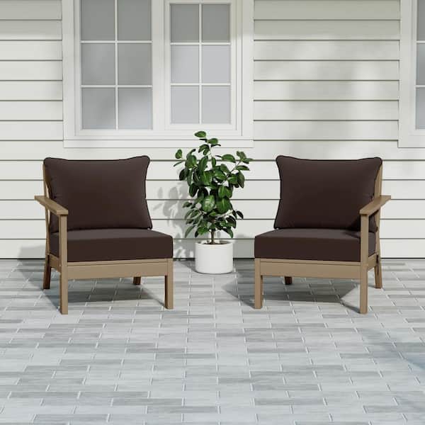 Birchwood Weathered Wood Arrangeable Outdoor Patio 2-Piece Deep Seating HDPE Loveseat Arm Chair Set with Brown Cushions