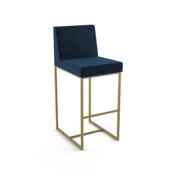 Amisco Derry 30 in. Dark Blue Velvet Golden Metal Bar Stool