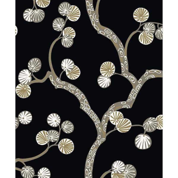 57.5 sq. ft. Jet Black and Metallic Gold Allegra Branches Unpasted Nonwoven Paper Wallpaper Roll