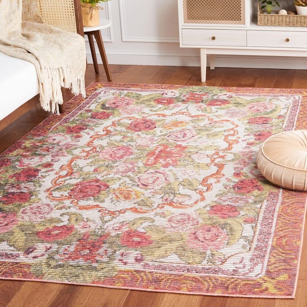 Besarabian Ivory/Sage  Rust 7 ft. x 7 ft. Machine Washable Border Floral Square Area Rug