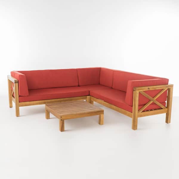 Noble House Brava Teak Finish 4-Piece Wood Outdoor Patio Sectional Set with Red Cushions